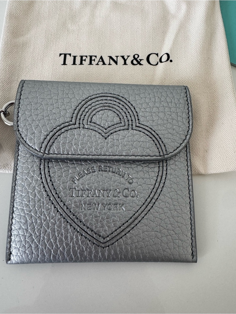 Tiffany & Co. Silver Leather Key & Card Holder with Heart Emboss